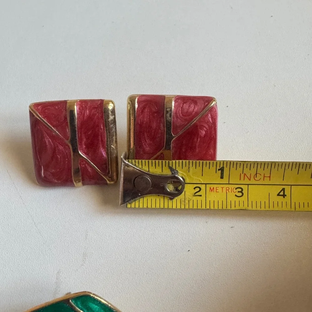 Vintage Enamel Stud Earring Set 3 Pairs Heart Square Diamond Gold Tone Multi